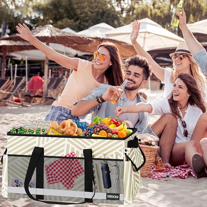 Extra Large Utility Tote Bag with Reflective Strip, Standing Reusable Grocery Bags with Hard Bottom, Collapsible Utility Tote with Handles for Shopping, Beach, Picnics, Car, Striped Gray