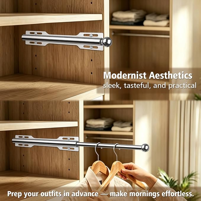 Valet Rod for Closet Pull Out, 12" Adjustable extending closet rod, Standard Retractable closet rod organization rack, Valet Clothing Hanger Rods Extender for Wardrobe Laundry Bathroom (Chrome)
