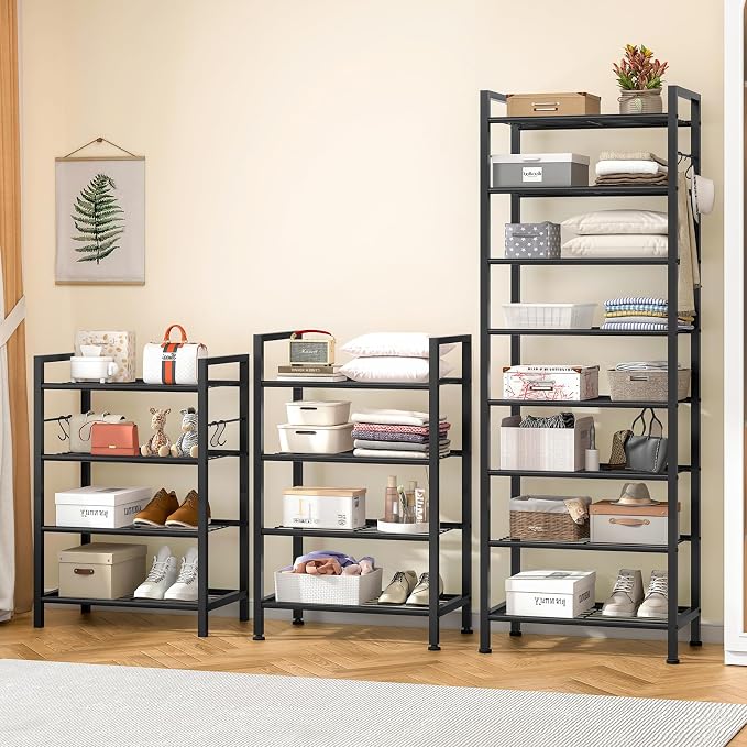 8 Tiers Narrow Shoe Rack 16-24 Pairs, Sturdy Metal Tall Shoe Rack with 4 Hooks, Slim Shoe Storage Organizer with Metal Shelf, Space Saving Vertical Shoe Shelf for Entryway, Closets, Black