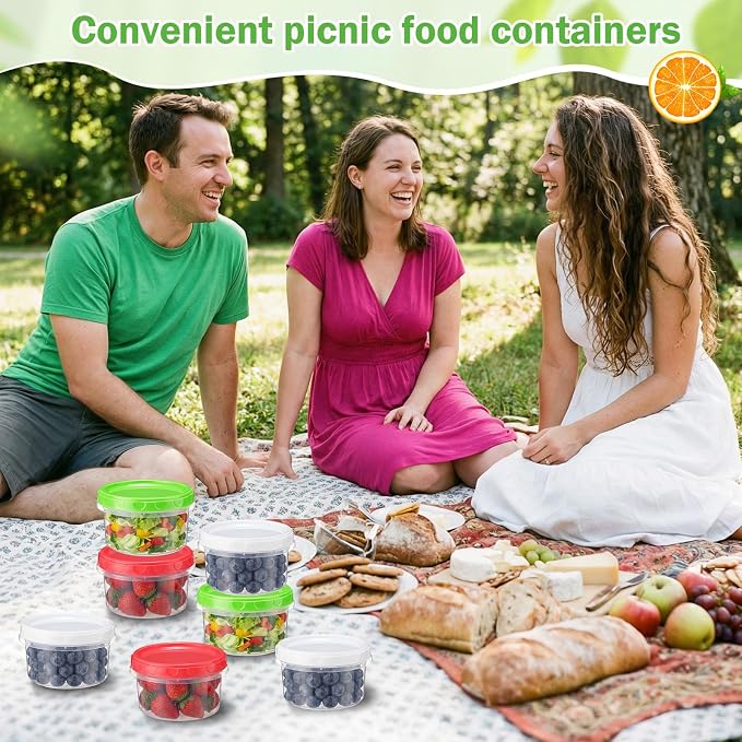 Sieral 36 Pack 8 oz Freezer Containers with Lid Reusable Deli Freezer Storage Containers Stackable Plastic Ultra Thick Twist Top Jar for Takeout Food Round Wide Mouth Lunch Snack (Green,Red,White)