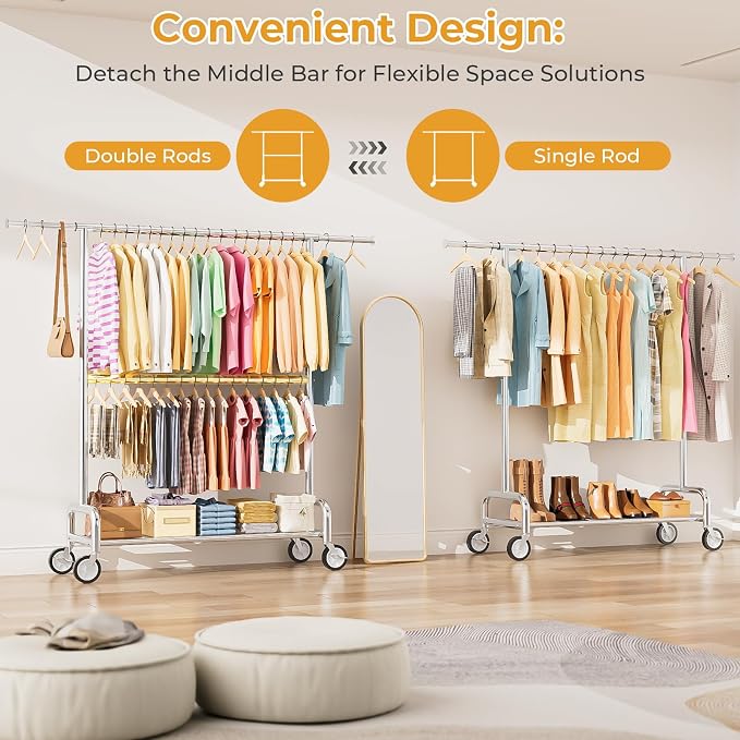 Heavy Duty Clothes Rack Load 860LBS, Double Rods Rolling Clothing Racks for Hanging Clothes, Rolling Garment Rack With Sturdy Wheels Shelves, Portable & Adjustable Commercial Garment Rack, Chrome