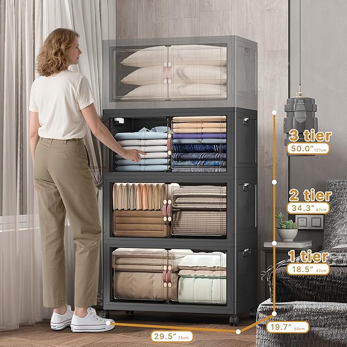 UAMFURI Extra Large Stackable Storage Bins with Lids & Wheels, Foldable Collapsible Closet Organizers Dark Storage Cabinet with Doors for Bedroom Dorm