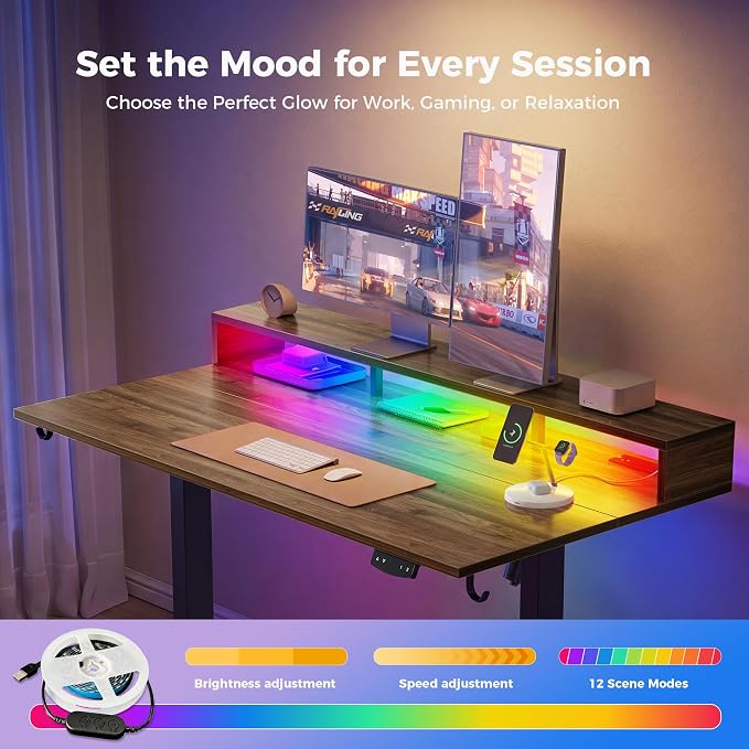 Klicelor Electric Standing Desk with Shelf, 48 Inch Height Adjustable Desk with Power Outlets & LED, Sit Stand Up Table with Monitor Stand, Computer Workstation for Home Office, Dark Walnut
