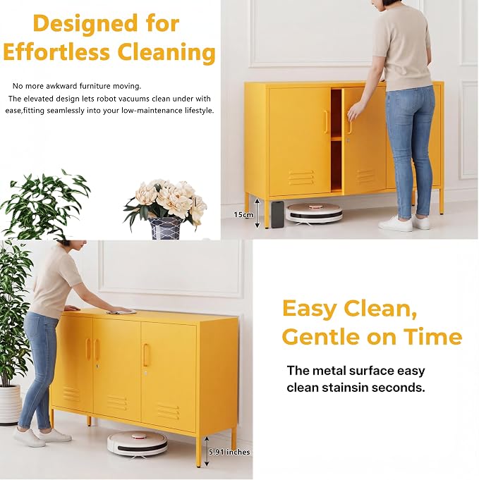 Yellow Wide Metal Storage Cabinet, 32" H Heavy Duty Steel Locker with Lock, 2 Adjustable Shelves & Ventilated Doors for Home Office Kitchen Living Room
