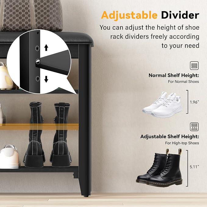 Taitiy Shoe Rack Bench Entryway Storage, Shoe Organizer Bench for Entryway, Ideal for Front Doors Entrances Hallway Mudroom Featuring Rubberwood and 3 Height-Adjustable Removable Shelve