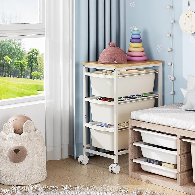 Slim Rolling Storage Cart with 3 Drawers, Craft Organizer, Wooden Tabletop Utility Cart for Bedroom, Children's Room and Office Organization, Under Desk Trolley with Lockable Wheels,White
