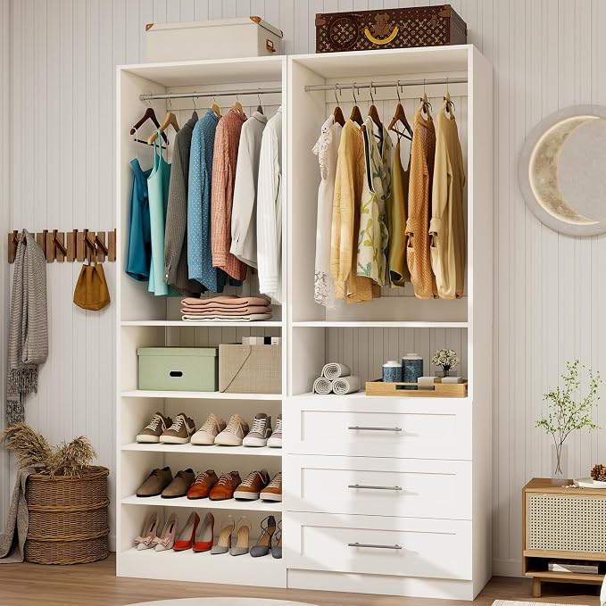 Vomavex Closet System with Drawers of 2 Sets, 4FT-10FT Walk in Closet Organizers and Storage with Hanging Rods & Adjustable Shelves, Free-Standing Modular Closet Systems, White