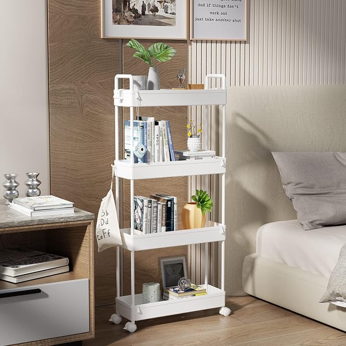 SOLEJAZZ Slim Rolling Storage Cart Skinny Bathroom Organizer, 4 Tier, White | Thin utility cart with wheels for bathroom, laundry room, bedside, kitchen, dorm, office, next to fridge, small narrow places