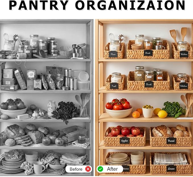 Pantry Baskets and Organizers, Large Wicker Baskets for Shelves, Handwoven Labeled Storage Basket for Organizing with Handles-Water Hyacinth Storage Bins, Boho Decorative, 3Pack, Natural