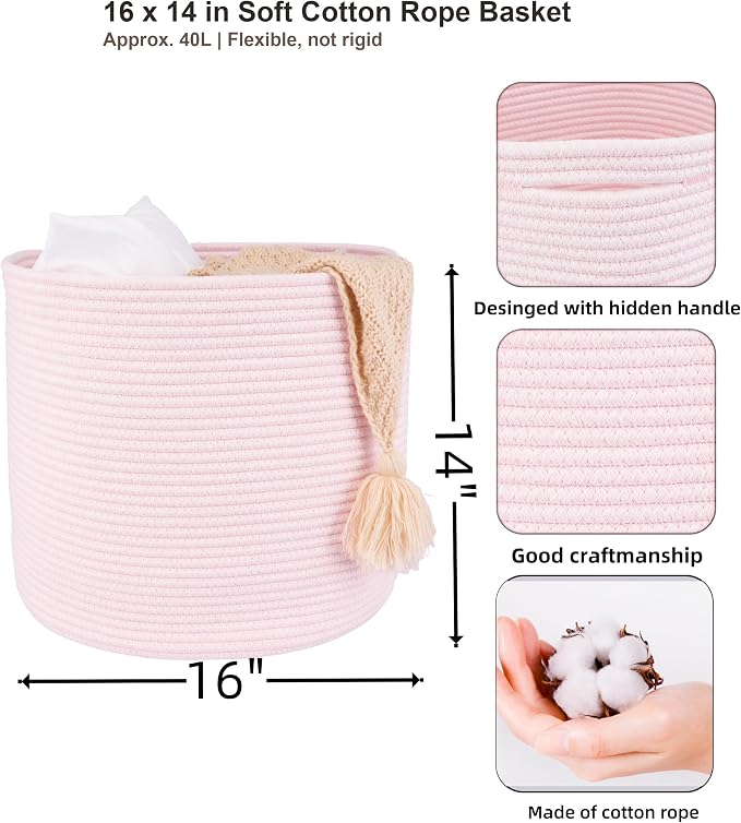 XUANGUO Cotton Rope Woven Basket, 16x14 in Kids Laundry Basket, pink | Round blanket basket and small laundry basket; baby hamper or nursery storage bin for girls, boys, toys, clothes and shoes