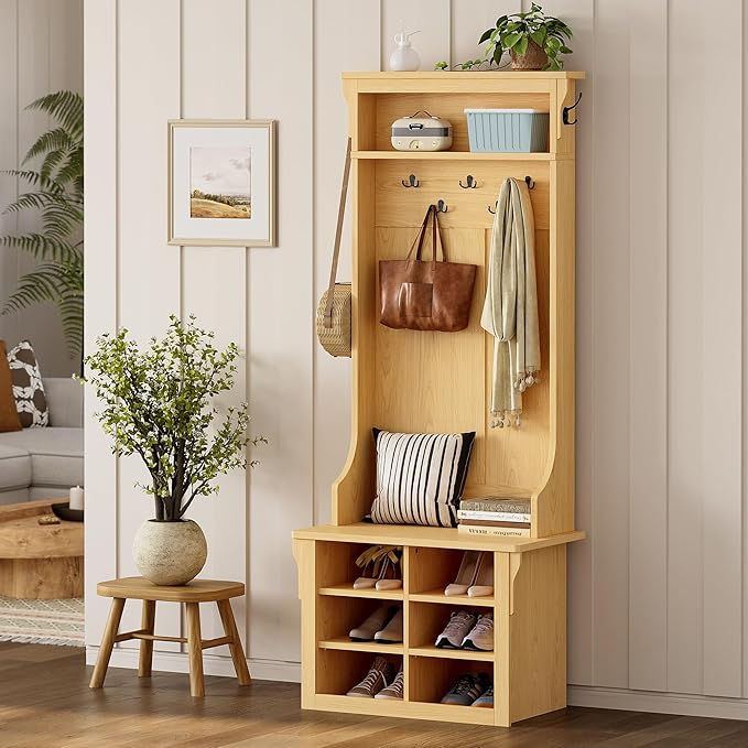 IRONCK 70"H 26"W Hall Tree with Bench and Shoe Storage, 6-in-1 Entryway Bench with Coat Rack, Adjustable Shelf, Hanging Hooks, 6 Shoe Cubby, 2 Tier Top Storage for Entryway, Bedroom, Living Room, Oak