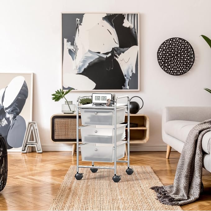 Simple Houseware 3 Drawers Rolling Utility Cart Art Craft Organizer, Chrome | 1-Column, 25.4" Height, Lockable Wheels, for School, Office, Art Craft, and Paper Storage
