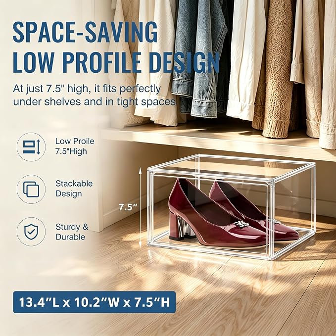 2 Pack Low Profile Clear Shoe Storage Box for Flats,Loafers,Heels | Space-saving design fits under shelves and cabinets.Perfect for flats, loafers and everyday footwear.Fit up to size 12 or 13