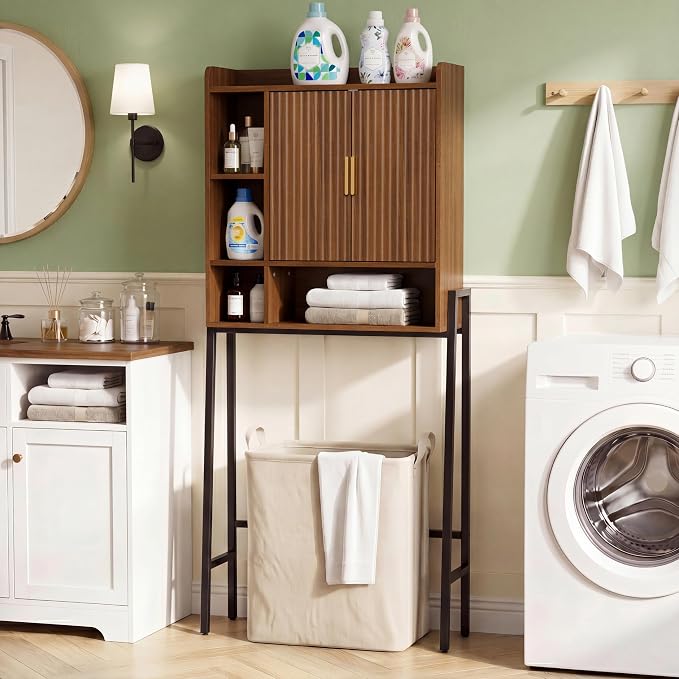 31" W Over The Toilet Storage Cabinet with Fluted Door,Bathroom Organizers and Storage with Adjustable Shelves, Mordern Over Toilet Organizer for Bathroom,Restroom,Laundry,Walnut