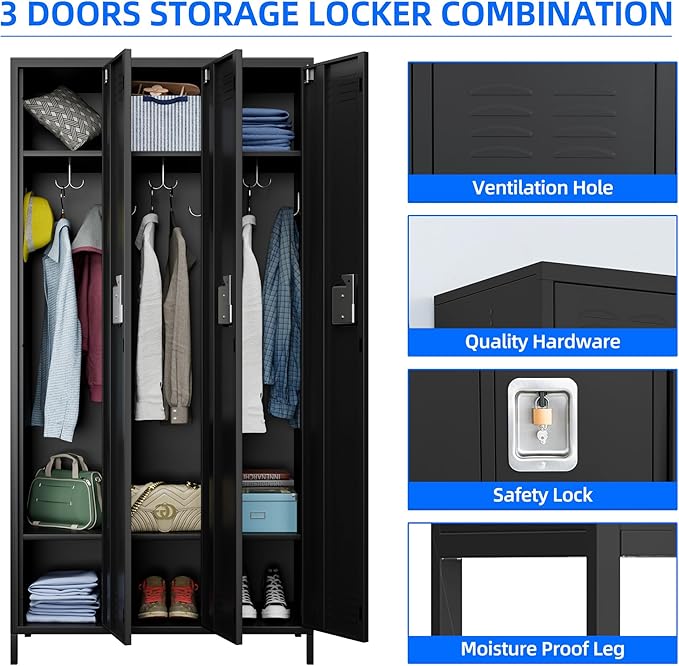 METAN Metal Locker for School Office Gym Bedroom,3 Doors Steel Storage Locker Cabinet for Employees,Industrial Storage Locker with 2 Shelves,Assembly Required (3 Door-Black)