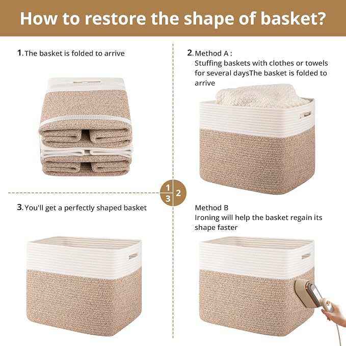 OIAHOMY 13 Inch Cube Storage Bins, 3-Pack Cotton Rope Woven Baskets for Organizing, Insert Storage Baskets for Shelves, Baby Nursery, Closet Organizer, 15 * 13 * 12.6IN, Brown & White