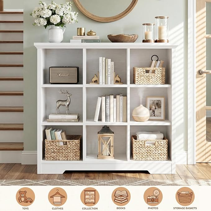Aheaplus Wooden 9-Cube Storage Organizer with Charging Ports, Modern Cube Bookcase with Base, 4-Tier Floor Standing Open Cubbies Bookshelf, Cubicle Display Shelf for Home and Office, White