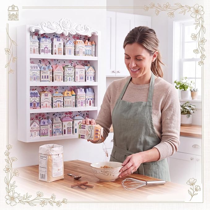 Chunful Vintage Spice Jar Wooden Rack White Rose Carved Spice Shelf for 24 Jars, Village Style Wall Mounting Kitchen Storage Decorative Hanging Display Rack, Shelf Only (19.29 x 13.19 x 3.15 Inches)