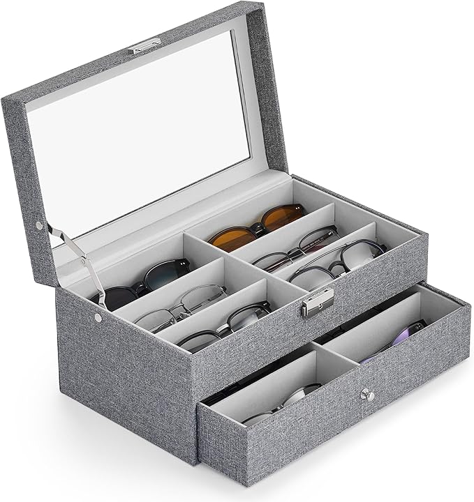 CO-Z Sunglasses Organizer with 12 Slots, Linen Eyeglasses Storage Box for Women Men, 2 Story Lockable Display Case for Multiple Glasses, Sunglasses Jewelry Collection Holder with Drawer, Grey