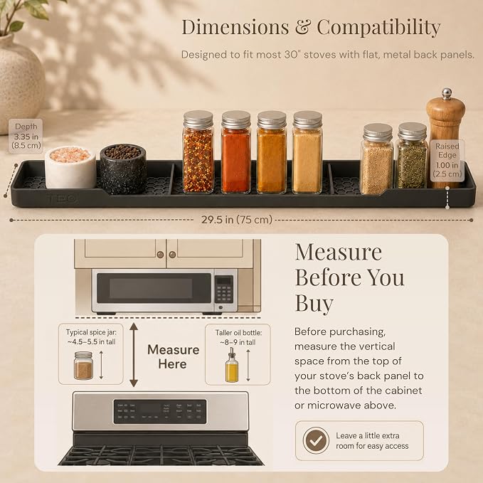 TEO Silicone Magnetic Stove Top Shelf, Over the Stove Spice Rack, Black | 30 Inch, Over Oven Shelf, Built-in Magnets, Heat-Resistant, Dishwasher Safe, Kitchen Spice Storage Organizer