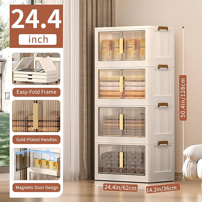 Storage Bins with Lids, 4 Tier 240 QT Stackable Plastic Storage Bins, Foldable Storages Boxes with Magnetic Doors and Wheels for Clothes, Snacks, Books, Folding Containers for Home Office