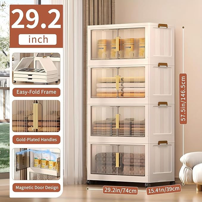 Storage Bins with Lids, 4 Tier 340 QT Stackable Plastic Storage Bins, Foldable Storages Boxes with Magnetic Doors and Wheels for Clothes, Snacks, Books, Folding Containers for Home Office