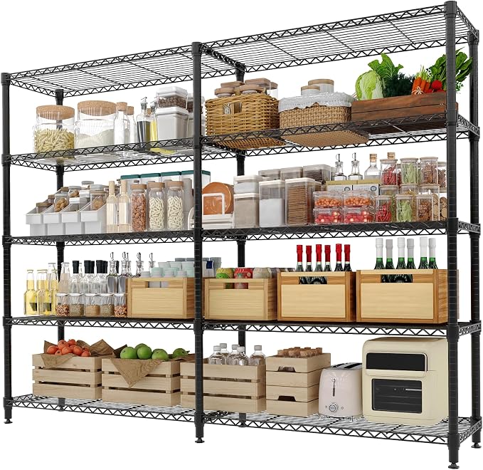 5-Tier Metal Storage Shelves, Heavy Duty Wire Rack Shelving Unit for Garage Kitchen Storage, 15.7"D x 71"W x 70.5"H Adjustable Shelf for Basement & Pantry Room Organization, Easy Assembly