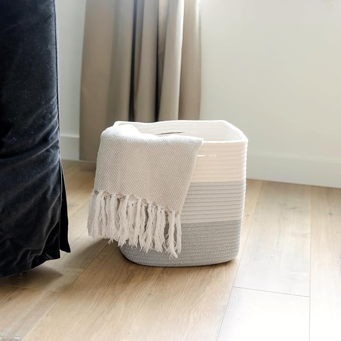 NaturalCozy 13 Inch Cube Storage Bins Cotton Rope Woven Baskets for Organizing 3-Pack | 13 x 13 Storage Cubes | Fabric Square Storage Baskets for Shelves Organizer, Kids Toy Bins, Closet Baby Nursery