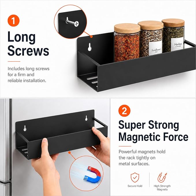 SMRCAD 6 Pack Metal Magnetic Spice Rack for fridge, Heavy Duty | Iron + Magnet | Holds 9 lbs per shelf | Full-back magnets | Screws included | Climate Pledge Friendly