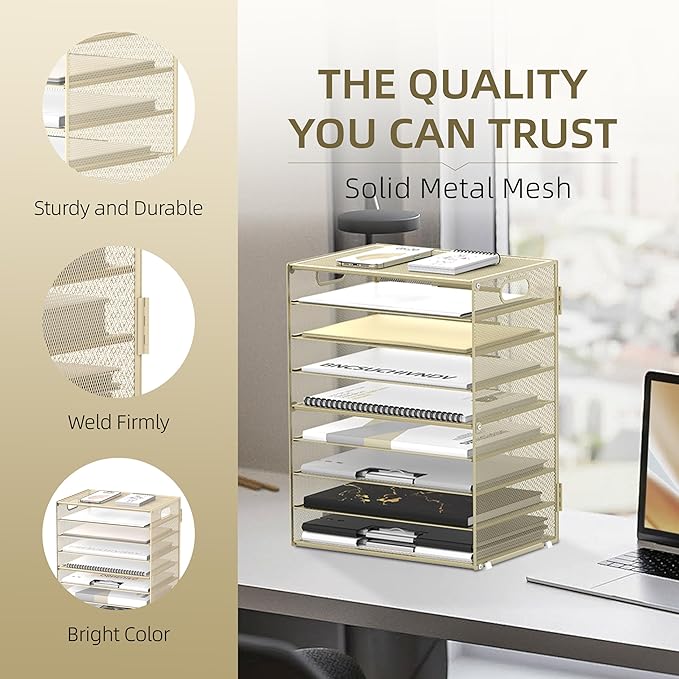 DALTACK 9-Tier Paper Organizer for Desk, Mesh Letter Tray Desk Organizer with Handles, Space-Saving File Organizer for Office Home School, Golden Yellow