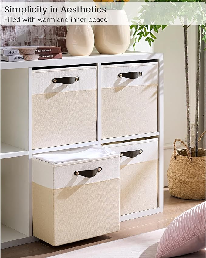 Cube Storage Bins | 9.5"x9.5"x9.8", Beige & White, 6 Pack | Multi-Size | 2X Thick Support Board | Vegan Leather Handles | 7.7 oz/yd² Fabric | 10"x10" Drawer Insert Basket