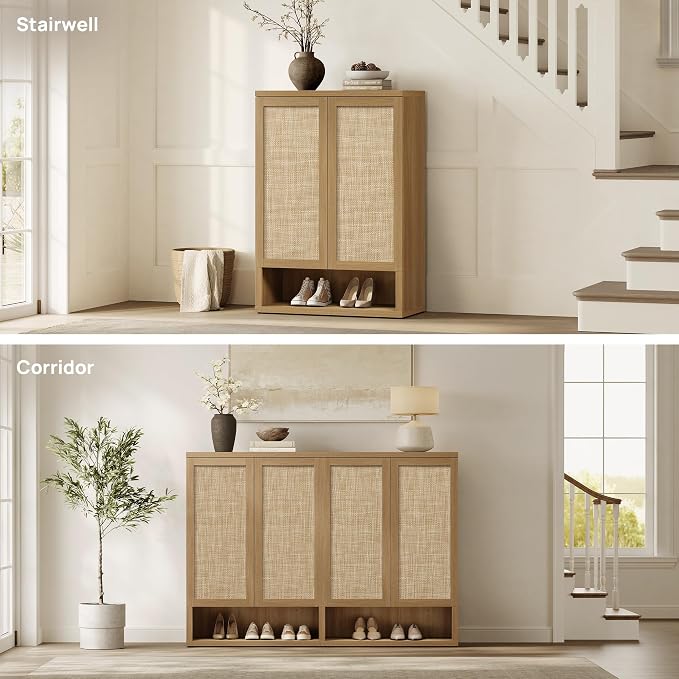 SICOTAS 31.2" Wide Rattan Shoe Storage Cabinet for Entryway with 2 Doors | Rattan Shoe Cabinets with Doors, Tall Shoe Storage Organizer and Display Cabinet for Entryways, Hallways, and Living Rooms