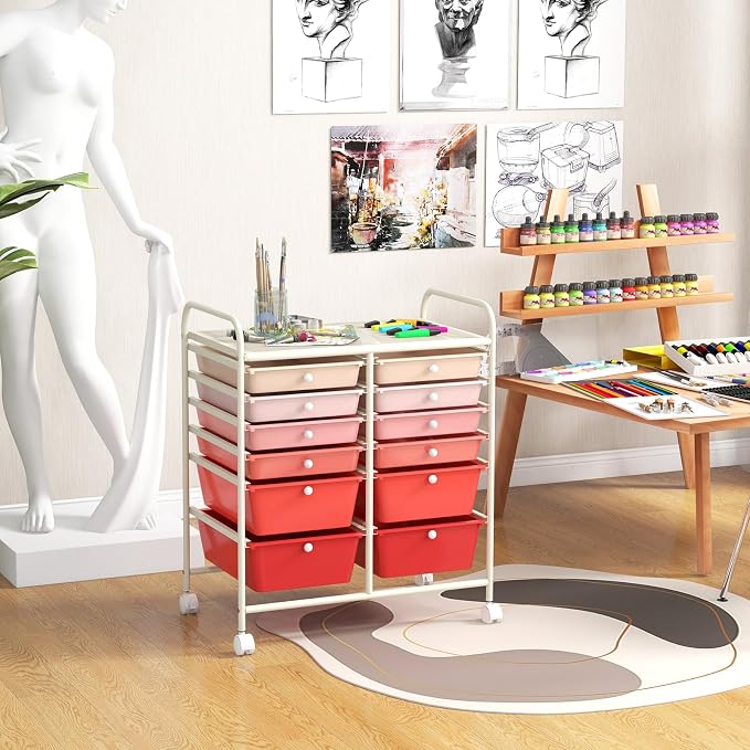 DREAMADE Mixed-pink 12-Drawer Rolling Storage Cart with Removable Drawers, Metal Frame, Polypropylene Drawers, Lockable Wheels