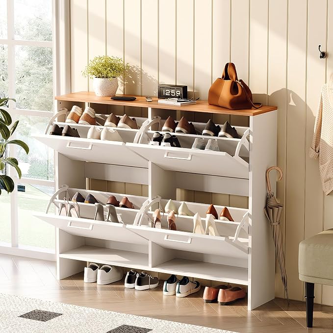 VINGLI Shoe Cabinet for Entryway, Slim Shoe Storage Cabinet with 4 Flip Drawers & Oak Top, Modern Hidden Shoe Rack Organizer, Narrow Shoe Cupboard for Hallway, White, 42 Inch