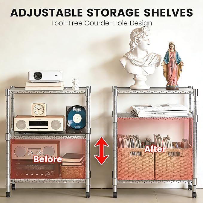 Xcity Storage Shelves, 3 Tier Heavy Duty Metal Shelving Unit with Wheels, 1050 LBS Adjustable Steel Wire Shelf for Commercial, Pantry, Kitchen, Garage, 14" D x 24" W x 30" H, Chrome