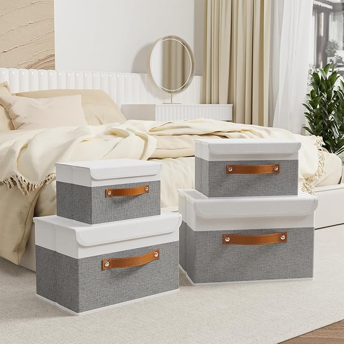 OUTBROS Fabric Storage Bins Cube Organizers with Flip-Top Lid and Handles,Storage Boxes for Organizing Home,Office,and Closet,White/Grey,5 Pack 10.2 x 7.9 x 6.7 in