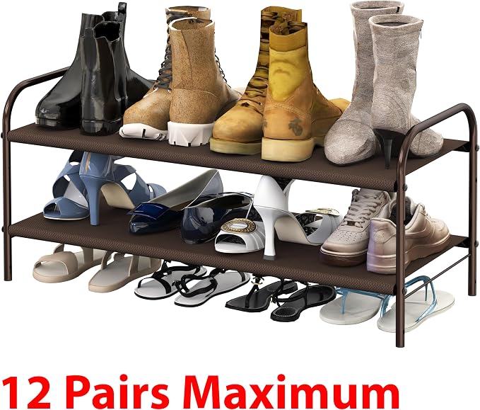 Simple Houseware 2-Tier Shoe Rack Storage Organizer, 12 Pairs, Bronze | Space-Saving Shoe Shelf with Sturdy Metal Frame and Non-Woven Fabric Shelves for Entryway, Garage & Corridor
