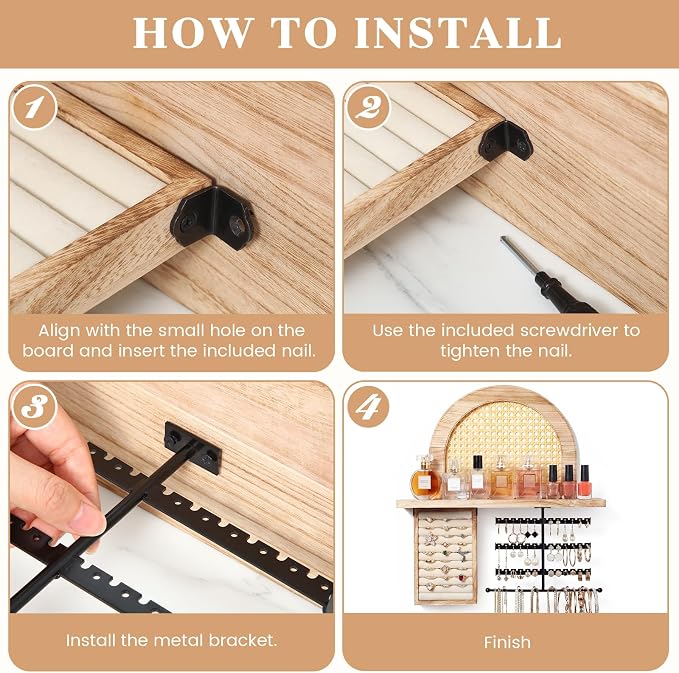 AceOrbit Hanging Jewelry Organizer Wall Mounted with Rustic Wood Rattan Shelf Wooden Ring Display Box Large Boho Jewelry Holder for Necklaces Bracelet Earrings Rings Storage