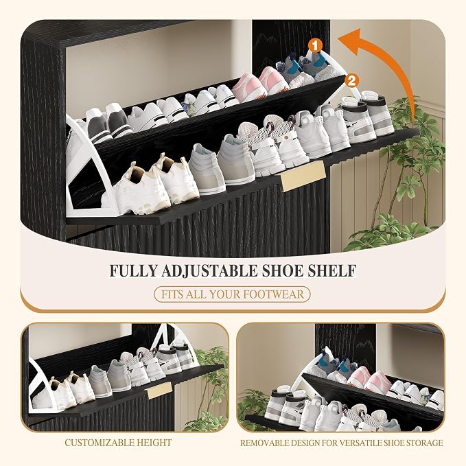 Garvee Shoe Storage Cabinet with 2 Flip Drawers,Slim Fluted Shoe Rack Cabinet with Open Storage,Wooden Hidden Shoe Rack Freestanding Narrow Shoes Organizer for Hallway, Entrance,Foyer,Black
