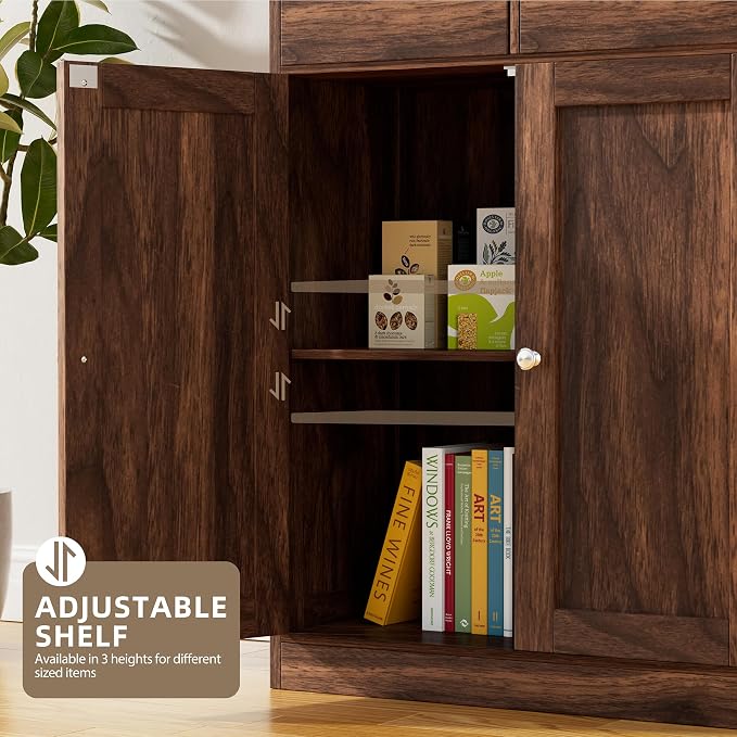 Walsunny Floor Storage Cabinet, Organizer with Doors and Drawers, Freestanding Side Cupboard Pantry with Adjustable Shelf for Bathroom/Living Room, Walnut Brown