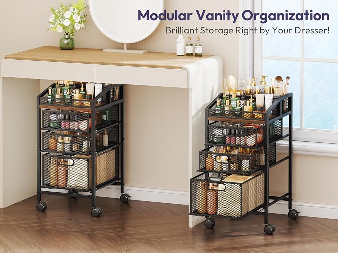 SWTYMIKI Rolling Utility Cart with Drawers - Under Desk Storage Cart with DIY Divider & Lockable Wheels, Multi-Functional Craft Art Supply Organizer for Office, Vanity, Craft Room & Studio Black