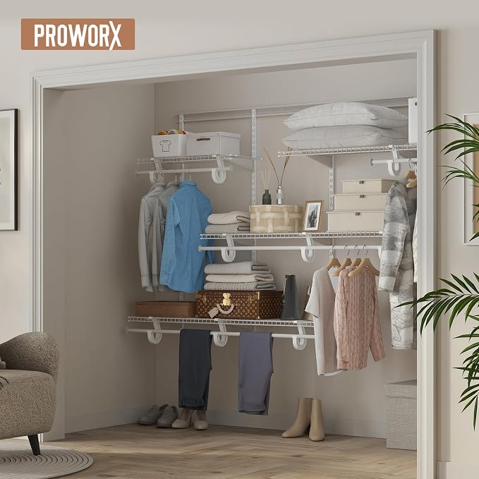 PROWORX 5-8 Ft Closet Organizer System, White Adjustable Custom Metal Wire Shelving Wall Mounted, Expandable Organization and Storage Shelf Kit with Hanging Rods