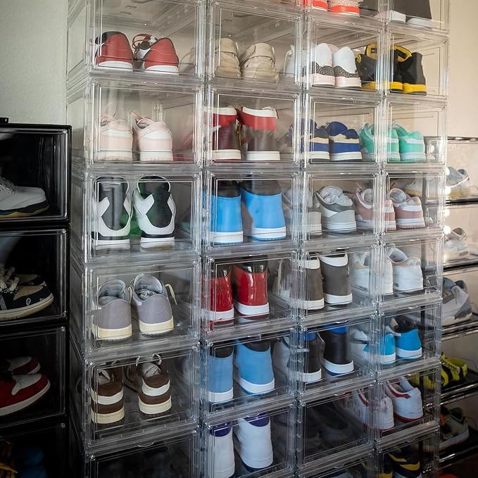 12 Pack Shoe Boxes, Rigid Clear Acrylic Panels Sneaker Display Cases | Magnetic Stackable Drop Front Shoe Storage Container Fits Men’s Size 15