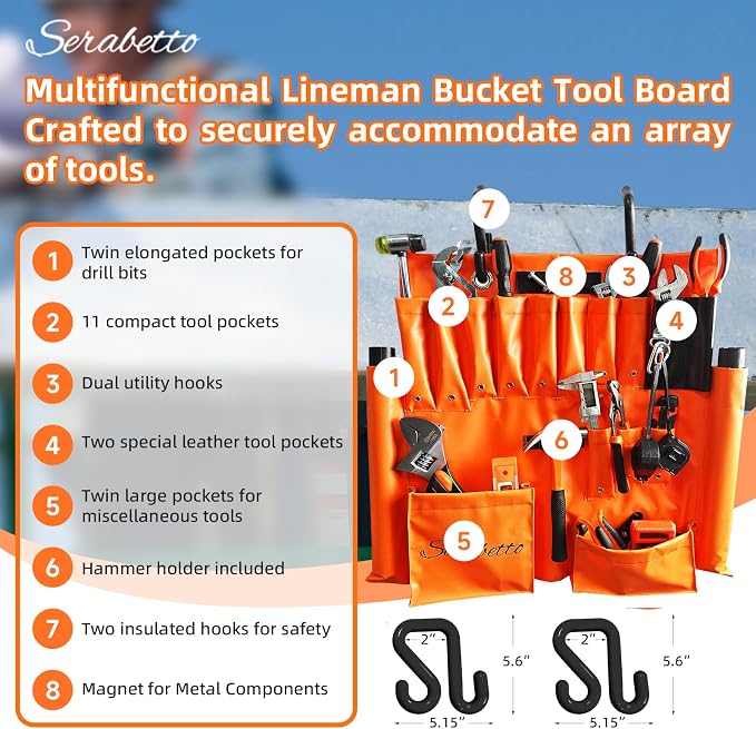 Lineman Tool Board, Aerial Apron with Magnet, Tool Organizer, Bucket Truck Tools, Includes Two 2" Hooks