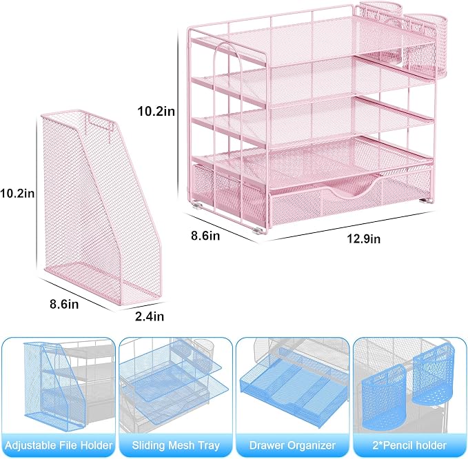 gianotter 5-Tier Desk Organizer with Drawers, File Holders, Letter Trays and Pen Holders - Workspace Accessories for Office Supplies (Pink)