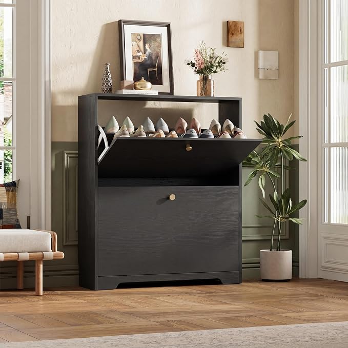 Nicetree Shoe Cabinet with 2 Flip Drawers, Narrow Shoe Organizer Cabinet, Freestanding Shoe Rack Cabinet, Modern Shoe Storage Cabinet for Entryway, Hallway, Foyer, Black
