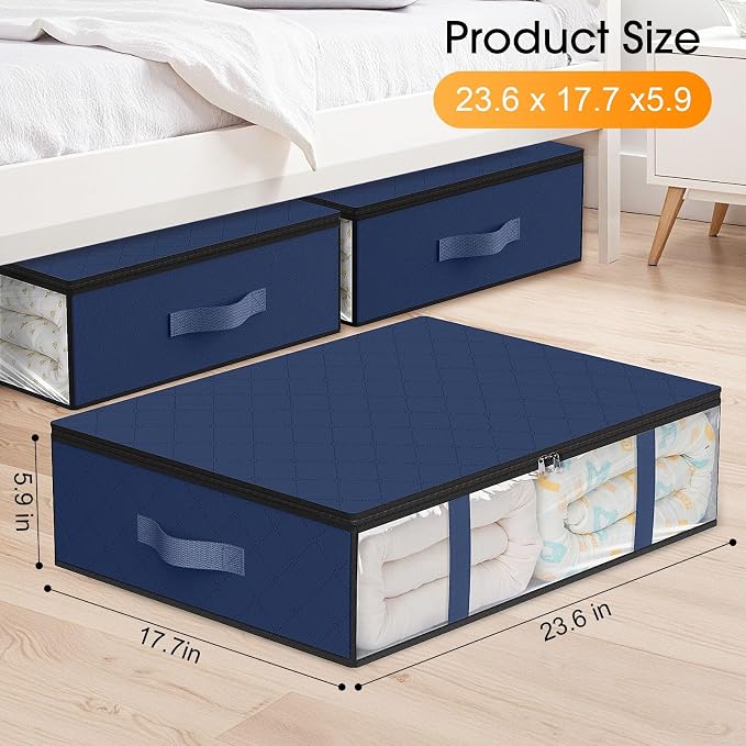 StorageRight Under Bed Storage Bags 4 Pack, 40L Large Clothes & Comforter Storage Containers with Clear Window, Breathable Fabric Organizer for Blankets, Bedding, Seasonal Clothing, Blue