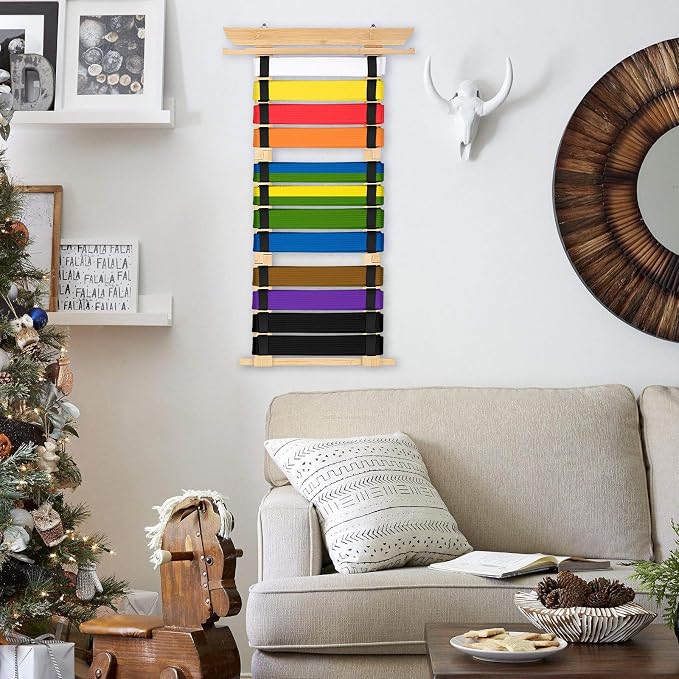 JUXYES Wall Hanging Martial Arts Belts Organizer for 8 12 Belts with Medal Hanger and Stickers, Bamboo Karate Belt Display Holder Rack, Taekwondo Belt Display Holder for Martial Arts Learners