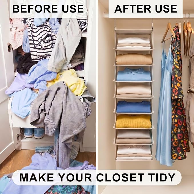 Tudomro 8 Shelf Hanging Closet Organizer Cotton Canvas Storage Shelves with Metal Hooks for Rod Wire Foldable Breathable Beige 28" L x 8" D x 11.5" H Closets for Sweaters and Clothing
