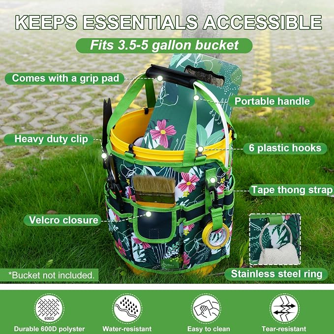KUNN 5 Gal Garden Bucket Tool Organizer & Kneeling Pad Set, Garden Caddy | 18-Pocket Heavy Duty Garden Caddy, Hangable Handle, Polyester Tool Bag with Grip Handle, Gardening Kneeling Pad for Women
